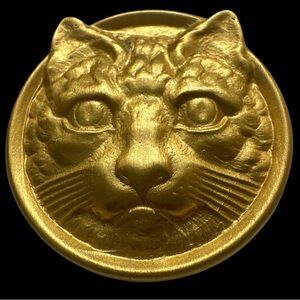 Cat Head Brooch Cast Metal Repousse 1.5” Diameter Gold Tone Vintage